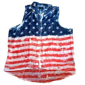 3X De Rotchild Patriotic Sleeveless Blouse Top Sheer Red Blue Stars and Stripes